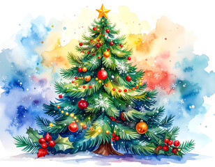 Watercolor christmas tree with transparent background festive elements artistic design for holiday 