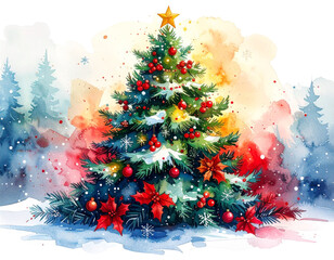 Watercolor christmas tree with transparent background festive elements artistic design for holiday 