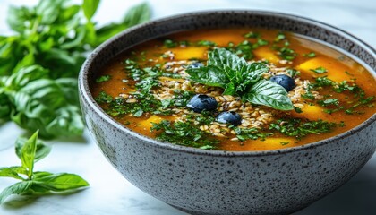 Close-up of a peach soup bowl, topped with mint, blueberry, and basil leaves. Illustrates healthy eating and could advertise dietary programs, food blogs.