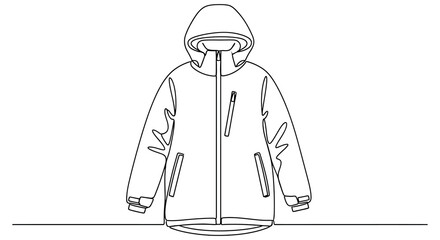 A detailed line drawing showcases a hooded jacket with pockets a classic silhouette