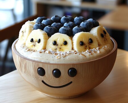 A smoothie bowl in a smiling wooden bowl with blueberries and banana slices. For blog, website, and social media content creation related to healthy eating.