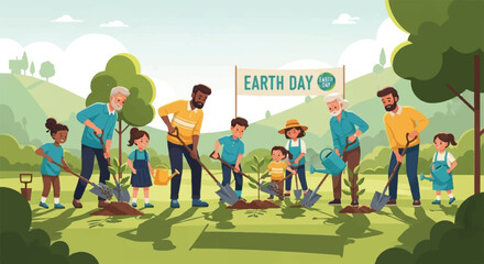 Diverse Group of People Planting Trees and Gardening for Earth Day Celebration