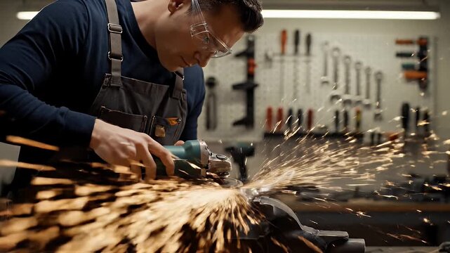 Skilled Craftsman Grinding Metal Sparks Flying Wearing Safety Glasses and Apron in Workshop