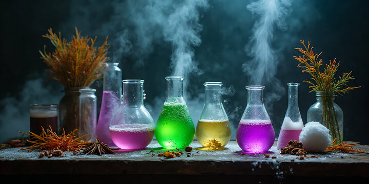 Witch's laboratory beakers glowing liquids dry ice fog autumn herbs