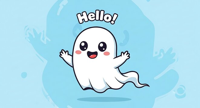Cartoon ghost with hello text on blue background for halloween design