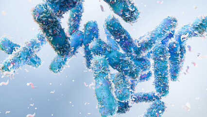 Bacterial Microorganisms Forming a Dynamic Colony, Illustrating Probiotics, Gut Microbiome, Digestive Health, Lactic Acid Bacteria, Lactobacillus and Bifidobacterium, Microscopic Flora, 3d render