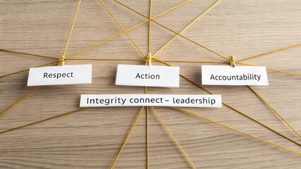 Mind Map of Leadership Principles Featuring Integrity, Respect, Action, and Accountability on a Wooden Surface