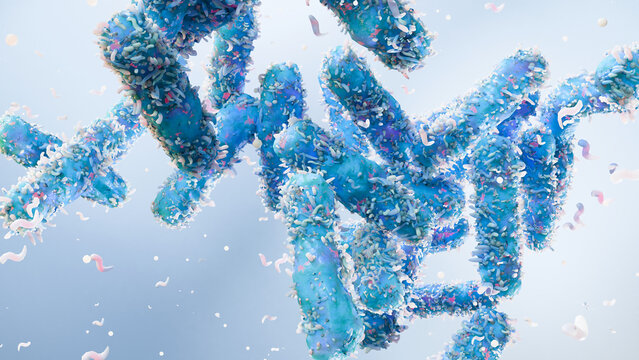 Bacterial Microorganisms Forming a Dynamic Colony, Illustrating Probiotics, Gut Microbiome, Digestive Health, Lactic Acid Bacteria, Lactobacillus and Bifidobacterium, Microscopic Flora, 3d render