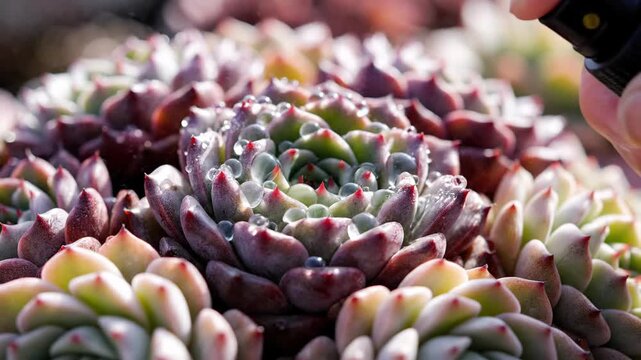 Succulent plant rosettes with hand performing care routine vibrant green purple leaves
