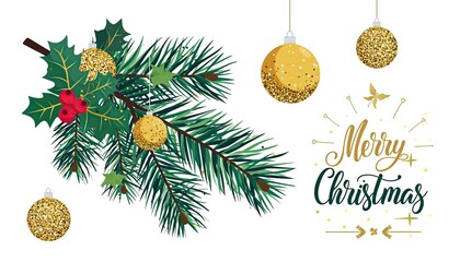 Christmas Holiday Decoration with Pine Branches and Ornaments.