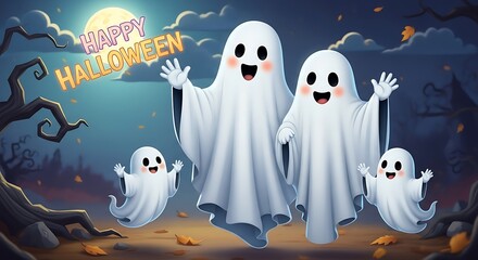 Cartoon ghosts celebrating halloween under moonlight with spooky background
