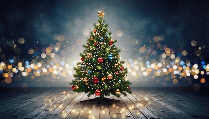 Festive Christmas Tree Adorned with Ornaments and Lights on Wooden Floor.