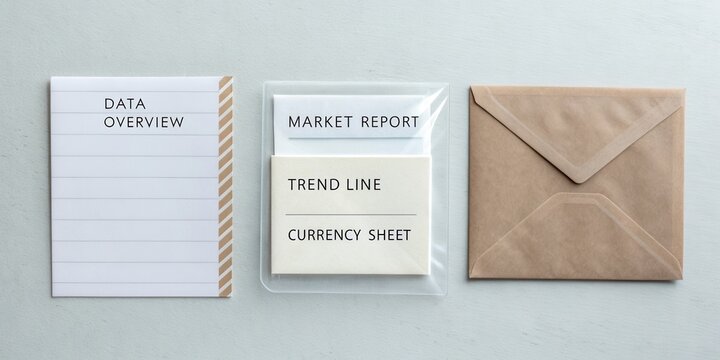 Organized Workspace with Market Report, Trend Line Sheet, and Data Overview Notepad in Neutral Tones for Business Environment