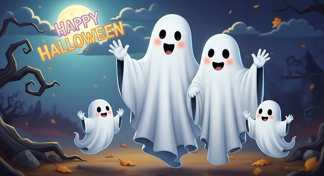 Cartoon ghosts celebrating halloween under moonlight with spooky background - Powered by Adobe