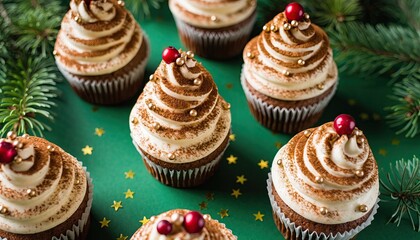 Delicious cupcakes with frosting and berries on a green surface.