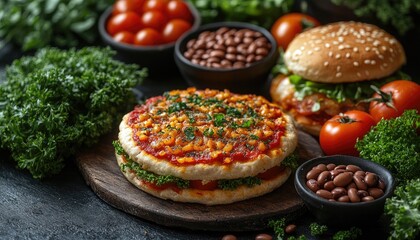 Two-layered pizza on a wooden board with fresh tomatoes, beans, and burgers. It displays culinary concepts, healthy eating habits, and recipe inspiration.