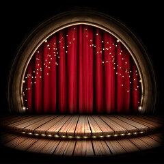Empty wooden stage with closed red velvet curtain and small light