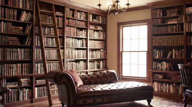 Elegant home library with books, sofa, and ladder in a cozy room