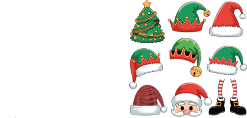 Christmas and Elf Costume Elements Set, Santa Hat, Christmas Tree, and Elf Legs Clipart