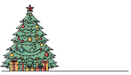 Festive Christmas Tree with Ornaments and Gifts Illustration.