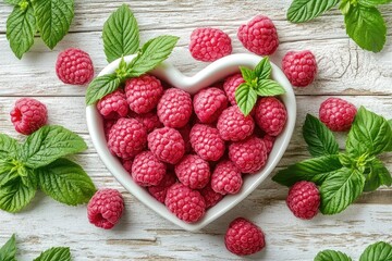 Fresh raspberries and mint leaves in a heart-shaped bowl on white wooden background. Great image for healthy food, dessert, or love and Valentine's Day themes.
