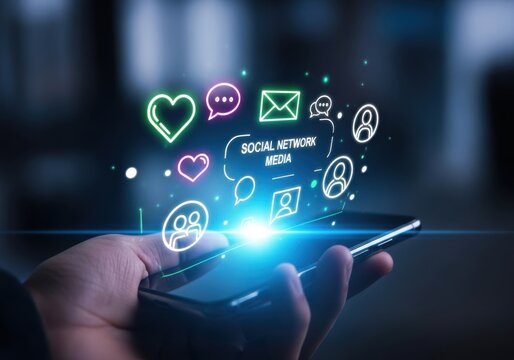 Social network media icons floating from smartphone in hand