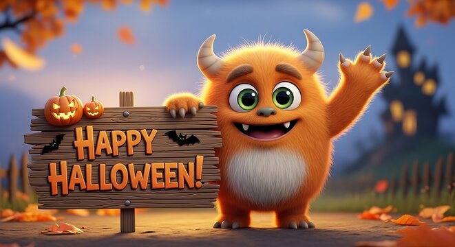 Cartoon monster waving near halloween sign with pumpkins and castle