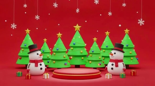 Christmas scene with snowmen trees gifts and red platform on a red background with snowflakes