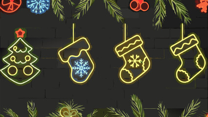 Festive Christmas neon accents featuring holiday stockings and a tree bring vibrant cheer to the season