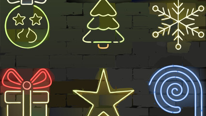 Festive neon Christmas icons sparkle against a textured wall for a vibrant holiday celebration, vector design
