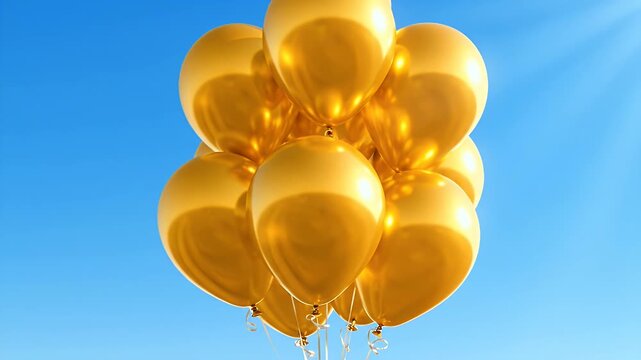 Golden Balloons Floating Against A Clear Blue Sky With Subtle Sun Rays