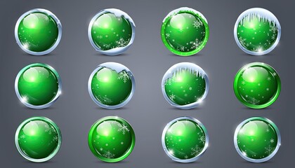 Green Christmas Ornaments with Snowflakes and Icy Effects.