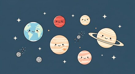 Cartoon planets and celestial bodies in space on dark blue background