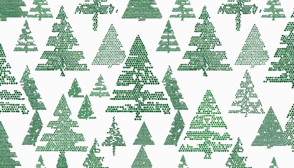 Green Christmas Trees Pattern on White Background Holiday Design.