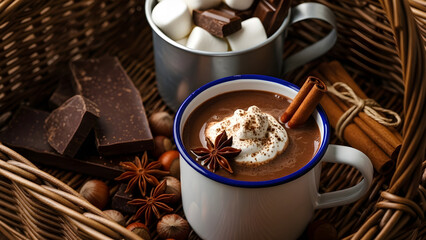 Cozy winter warmth rich hot chocolate with cream marshmallows and spices in a rustic setting