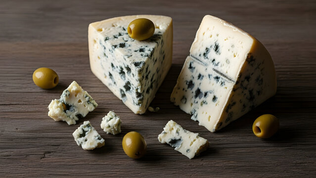 Artisan blue cheese wedges and crumbles adorned with green olives on a rustic wooden surface