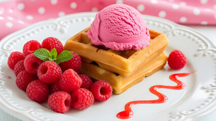 Delicious stacked golden waffles topped with strawberry ice cream and fresh raspberries
