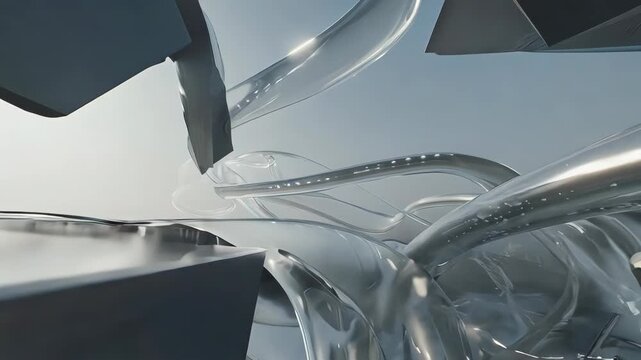 An abstract composition of reflective surfaces and transparent tubing in a light environment
