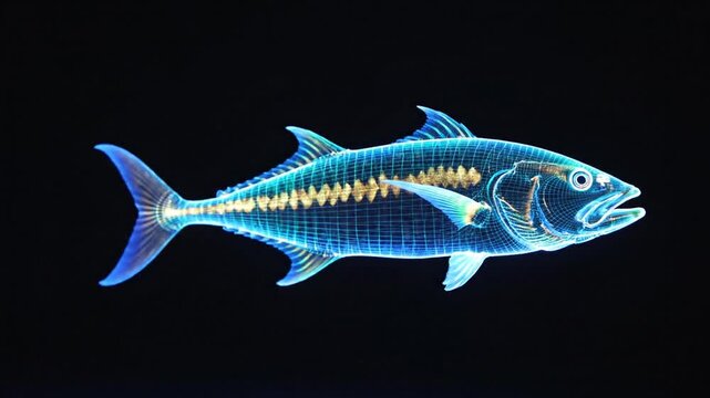 naturally moving holographic Amberjack. on a clean black background.