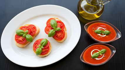 Freshly prepared bruschetta with ripe tomatoes and basil alongside creamy tomato soup