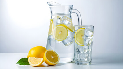 Refreshing pitcher and glass of ice water infused with bright lemon slices and whole lemons nearby