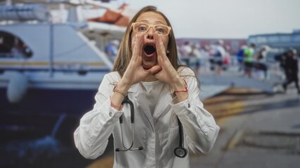 Woman doctor with stethoscope and white coat, fists raised and cupped hands shouting at a port pier beside boats; celebration community health.