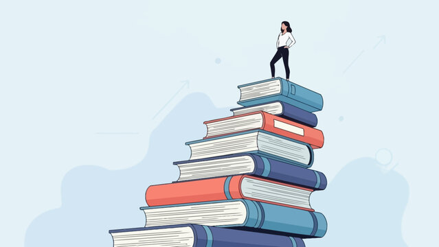 Female leader standing on a stack of books with upward arrows on the background. Concept for education success, career development and academic growth