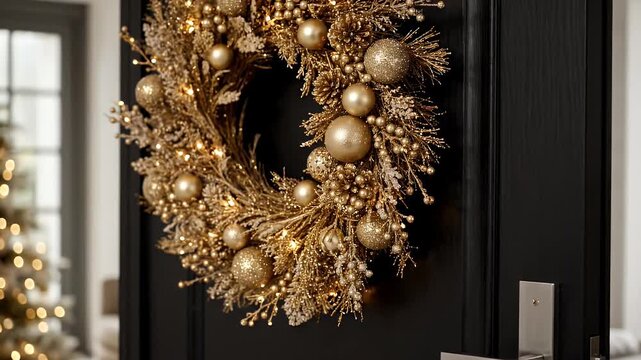 Festive Gold Christmas Wreath Adorned with Orbs and Lights on a Black Door with Blurred Festive Background