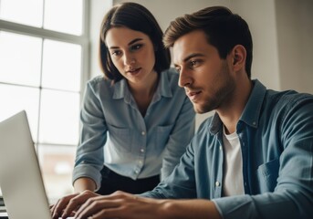 Fototapeta premium Man and woman collaborating on a laptop in an office setting