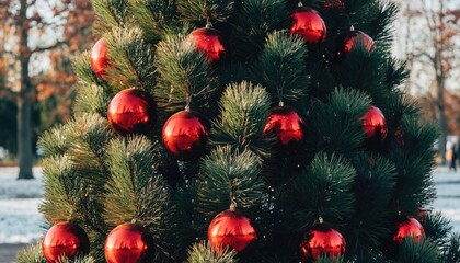 Decorated Christmas Tree with Red Ornaments and Festive Holiday Atmosphere