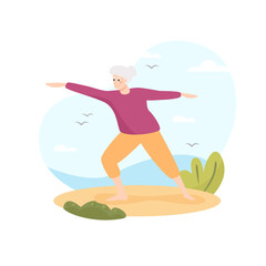 granny doing yoga post on the beach