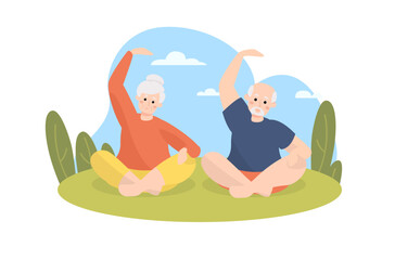 elderly couple doing yoga post outdoor