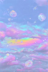 Dreamy pastel colored clouds with floating bubbles in sky