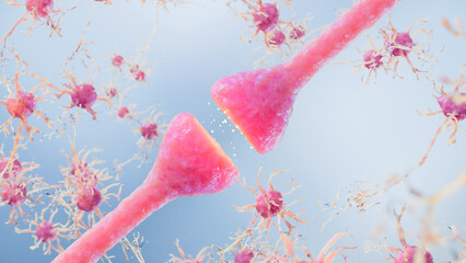 Neural Cells and Synaptic Connections Showing Brain Signal Transmission, Neuron Structure, Memory Pathways, Neurotransmitters, Alzheimer-Related Degeneration, Medical Neurology Concept, 3d render